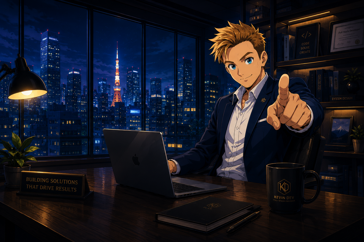 Kevin van Deventer full-stack developer in a night office overlooking Tokyo while building digital solutions